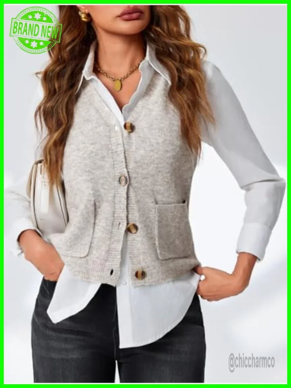 Sleeveless Sweater Vest V Neck Button Knit Cardigan with Pockets